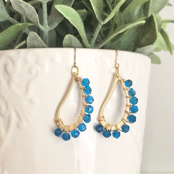 New Hand Beaded Wrapped Wire Teardrop Hoop Dangle One of a Kind Artisan Earrings - Picture 6 of 7